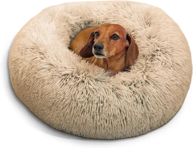 The Original Calming Donut Cat and Dog Bed in Shag Fur Taupe Ultimate Comfort fo