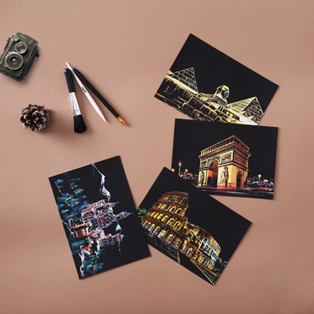 4 niños HÁGALO USTED MISMO Scratch Painting City Night View Building Drawings juego de regalo
