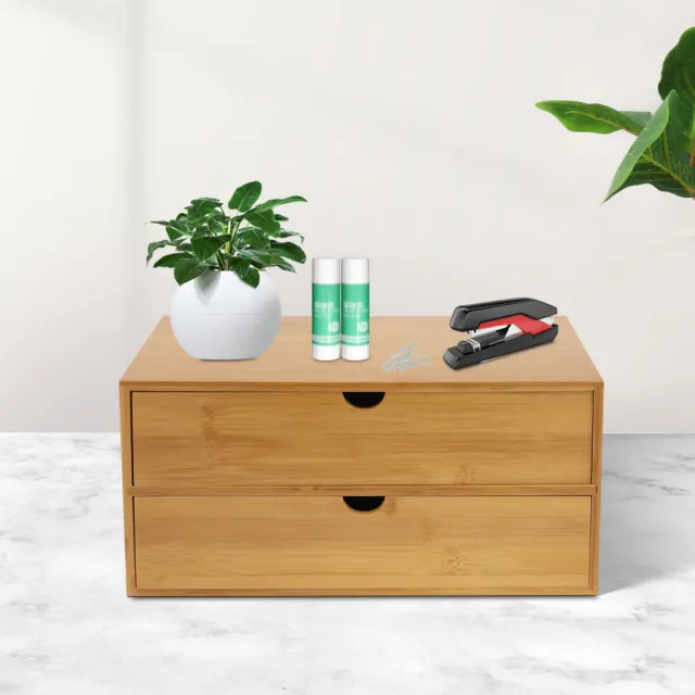 Mini organizador de bambú para escritorio, caja de organización de almacenamiento de mesa con 2 cajones