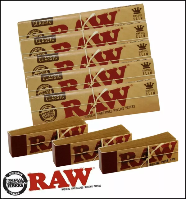 5x RAW CLASSIC KING SIZE Slim Rolling Papers & 3x RAW ROACH TIPS - COMBO DEAL