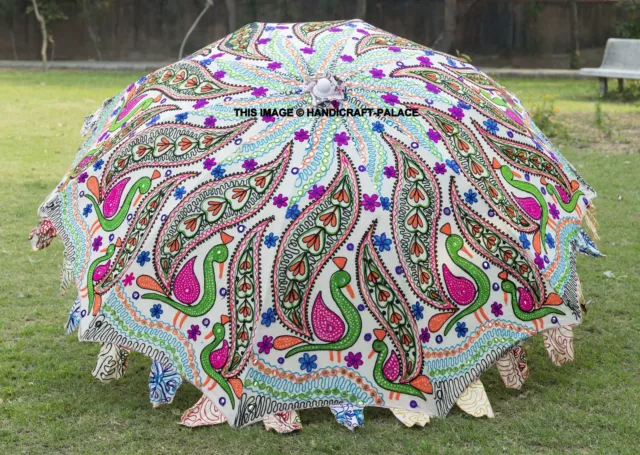 Indian Outdoor Sun Shade Patio Umbrella 70" Peacock Embroidered Garden Parasol