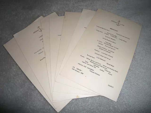 Orient Line. 8 Original Menu's From January 1939. The S.s. "Orion"