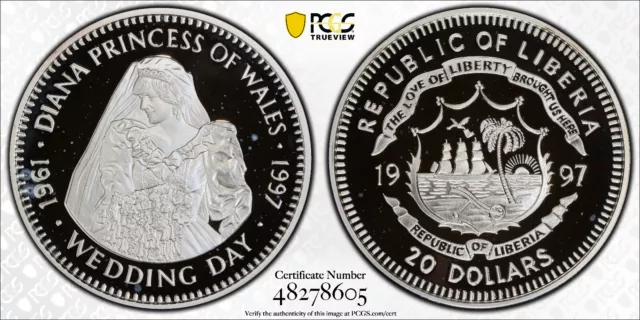 1997 Liberia Princess Diana Wedding Day Silver 20 Dollars - PCGS PR 68 DCAM