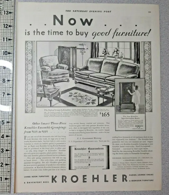 1931 Kroehler Furniture Vintage Print Ad Lounge Chairs Davenport Radios B&W