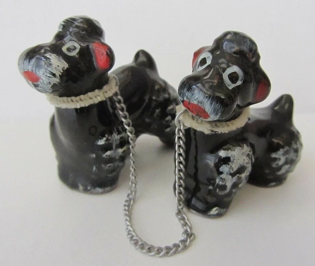 Vintage 1950s 2 Brown Poodles Leached Set Redware Pottery Figurines