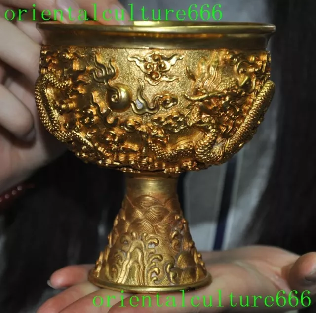 5"China dynasty Bronze 24k gold gilt dragon loong Wine vessel Goblet Cup statue