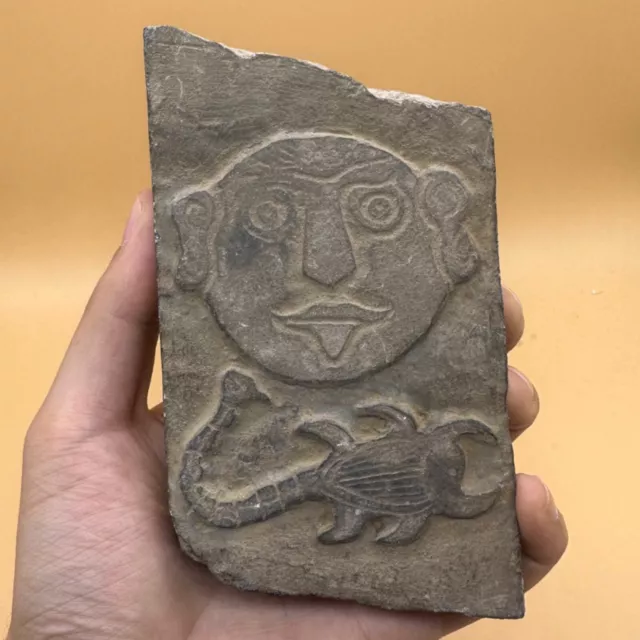 Very Rare Unique Ancient Sumerian Stone Tablet With Face And Scorpion Image