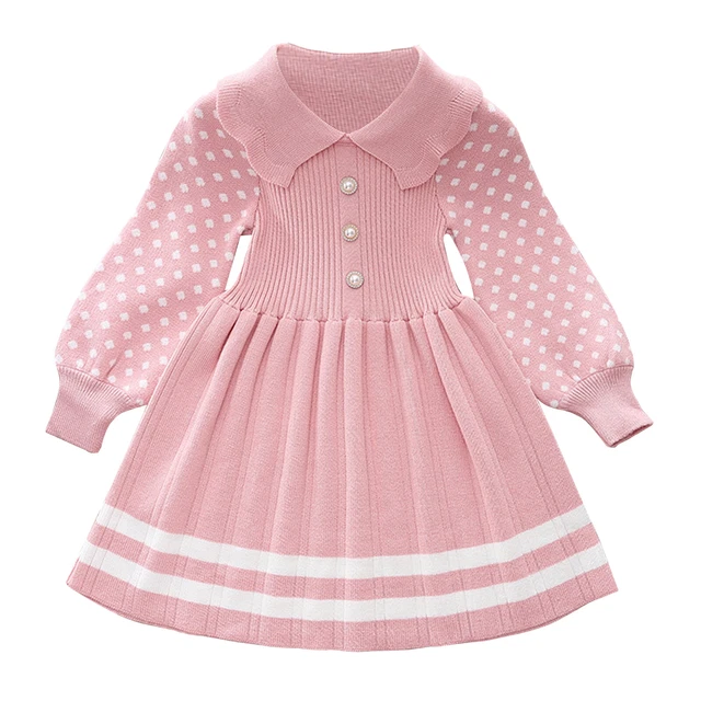 Kids Girls Knitted Sweater Dress Long Lantern Sleeve Buttons Pleated Skirt
