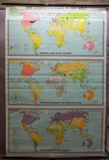 Vintage Poster Pull Down Map the World Standard of Living Mural Wall Chart