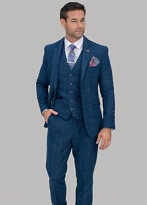 Men's Blue Check Tweed 3 Piece Suit Formal Wedding Slim Fit New
