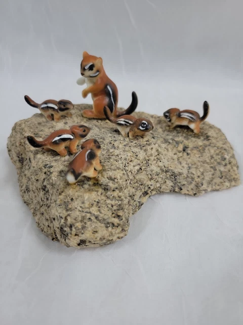 6 VTG Miniature CHIPMUNK FAMILY Ceramic Porcelain on Granite? Rock Stone