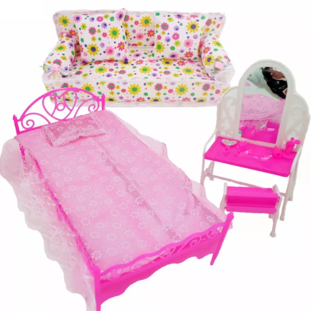 Barbies Dolls Bedroom Furniture Play House Pink Bed Dressing Table & Chair Kit 2