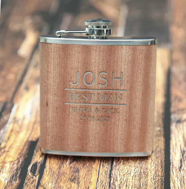 Personalised 6oz Wood/Steel Hip Flask Wedding Best Man Usher WOW !!