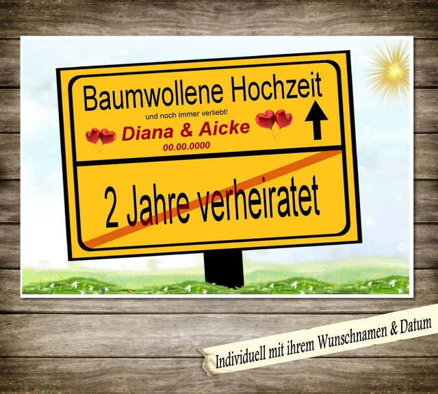 SCHILD GESCHENK INDIVIDUELL zum Hochzeitstag 2 Jahre Ehe Baumwollene