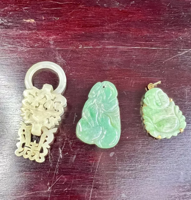 3 Early 20th century Chinese Carved Jadeite & Jade Pendants