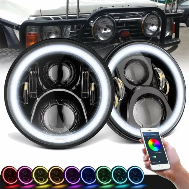 2x 7inch RGB LED Projector Headlights Halo Angel Eye Bluetooth APP for GQ PATROL