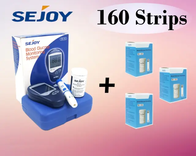 Kit medidor de glucosa en sangre SEJOY BG 102, con 160 tiras y glucómetro incluidos.