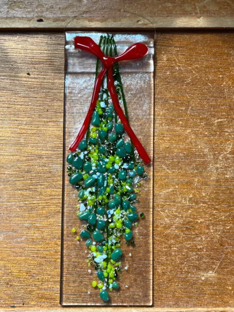 Beautiful Hand Made Clear Glass w Shades of Green Mistletoe & Red Ribbon Fused