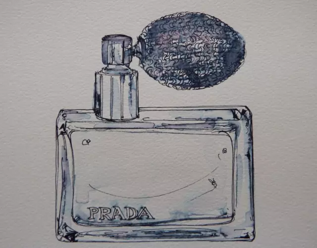 Ink Drawing of a bottle of Prada Amber Pour Femme Perfume on Watercolour Paper