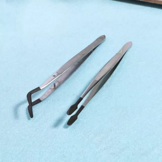 Stainless Steel Tweezers with Rubber Tipped Set of 2 Straight Flat Bent Tip Twee