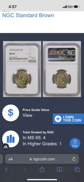 1970 Haiti 20 Centimes KM# 77 - NGC MS65 second highest ￼graded