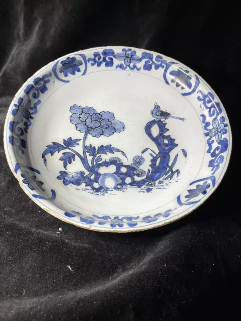 18th Century Blue And White Delft Plate With Floral Design 8 1/2 Inch Diameter