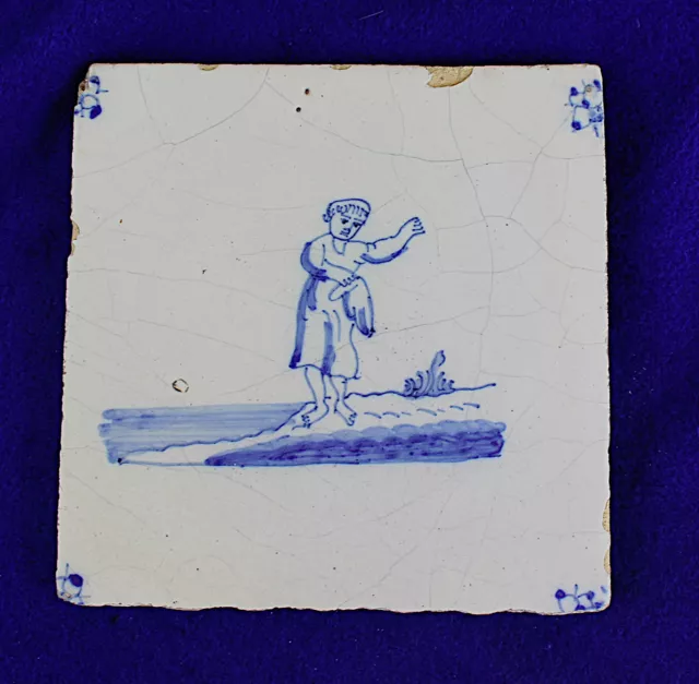 1700s Antique Dutch Delft Blue/White Fallen Wing Faience Tile #2