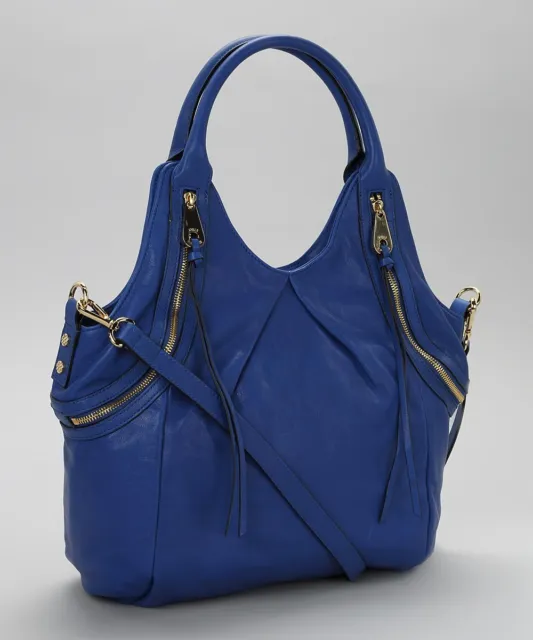 Royal Blue Tassel Leather Shoulder Bag with Gold Tone Zippers by Joelle Hawkens