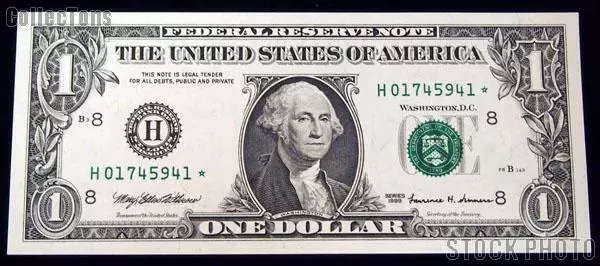One Dollar Bill Green Seal FRN STAR NOTE Series 1999 Currency CU Uncirculated