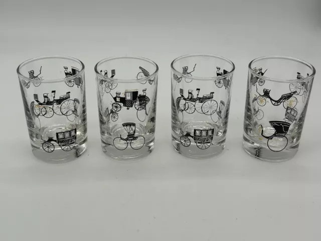 Vintage Libbey Black & Gold Barware 3 1/2" Glasses w/ Carriage Designs-Set of 4