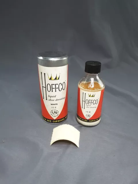 Vtg Hoffco Liquid Shoe Polish Canister Tin Lid & Paper Can w/ Bottle - white