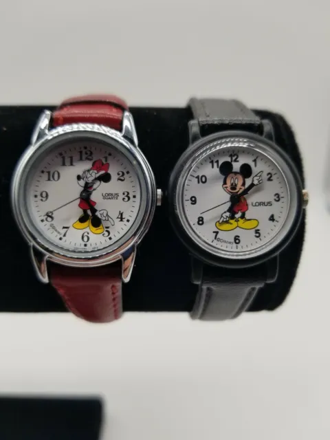 Vintage His & Hers Lorus Mickey & Minnie Mouse Watch, Leather Band NEW Batteries