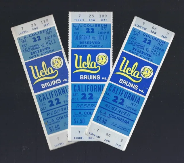 LOT of 3 - 1977 NCAA CALIFORNIA BEARS @ UCLA BRUINS FOOTBALL FULL TICKETS