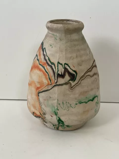 Vintage Nemadji Clay Pottery Green Orange Brown Flower Pot Vase 6” Indian 3