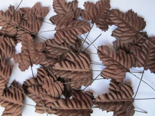 50 Maple BROWN leaves 40mm wire stem Mulberry Craft Card Embellishment M4DB #2 2