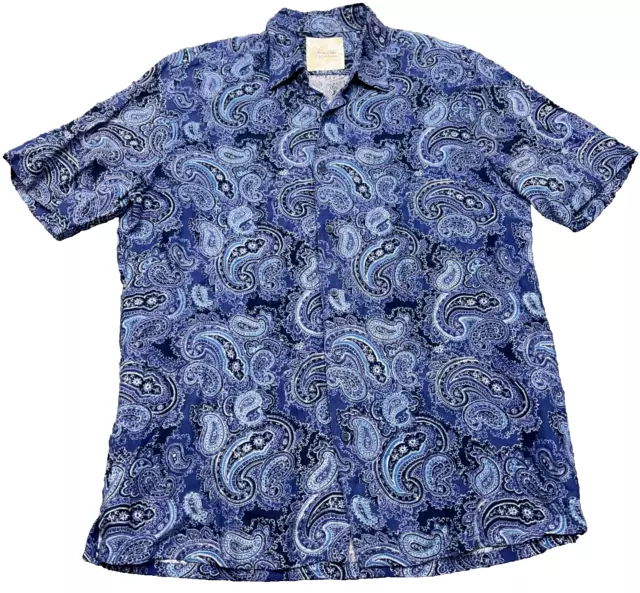 TASSO ELBA Island Silk Linen Hawaiian Shirt Mens L Blue Paisley Aloha Camp S/S