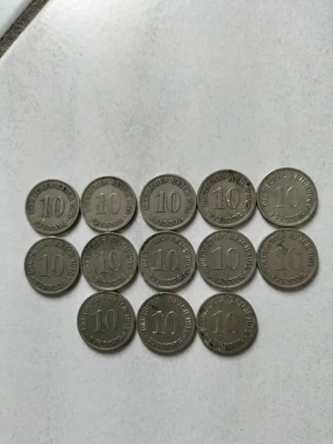 13 Stck. Münzen, Reichsmark, Deutsches Reich, 10 Pfennig