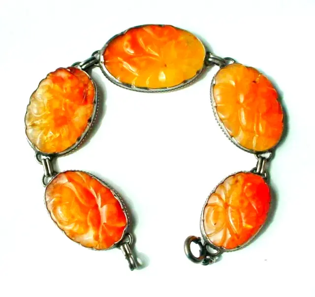 Antique Art Deco Chinese Carved Carnelian Bracelet Sterling Silver