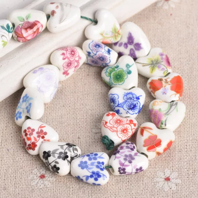 10 Stück 14mm Herz Lose Weiß Porzellan Keramik Perlen - Blume Muster