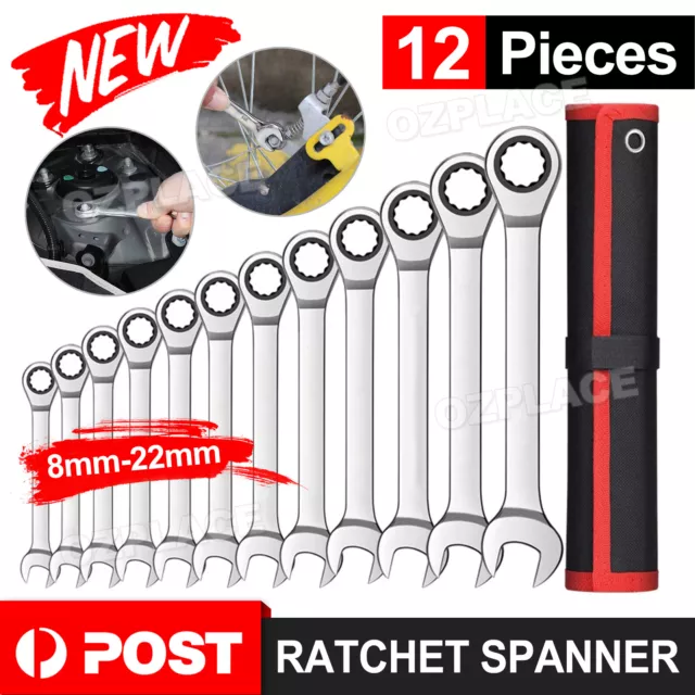 12Pc Ratchet Spanner Set Metric Open & Ring Wrenches 8-22mm CR-V + Rolling Bag