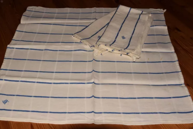 3 Alte Leinen Geschirrtücher Wischtücher Handtücher blaue Streifen (8816)