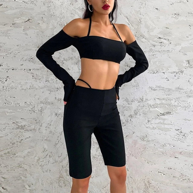 Set pantaloncini top tubolari neri alla moda per tuta sportiva abito da palestra