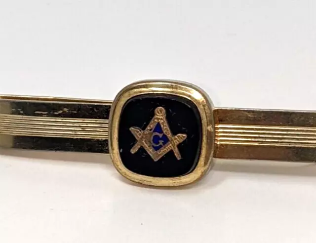 Vintage Freemason Money Clip Gold Tone w/ Black Onyx Blue enamel "G" compass