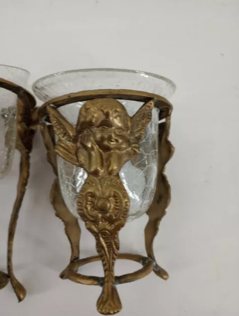 Vtg Heavy  Set Of 3 Stunning Brass Angel CRACKLE Glass Candle Holders Read Look 2