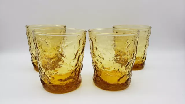 Set of 4 Anchor Hocking 8 oz Lido Milano Gold Amber Juice Glasses Crinkle Glass