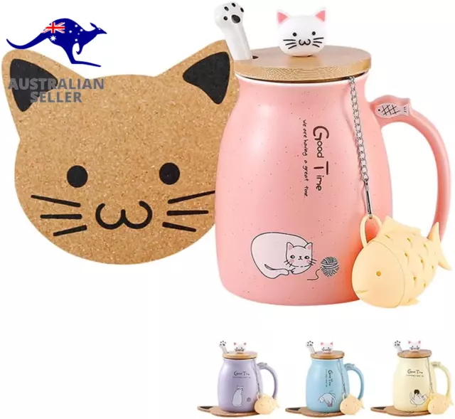 Cat Mug Cute Ceramic Coffee Cup with Lovely Kitty Wooden Lid Stainless Steel