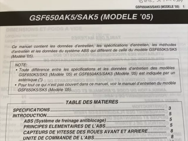 Suzuki GSF650A GSF650SA GSF650 2005 K5 supplément manuel atelier revue technique 2