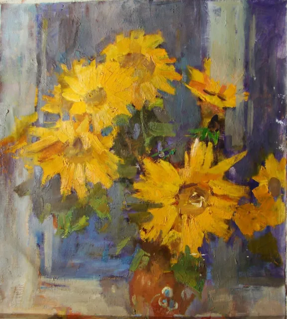 Ukrainian Oil Painting Impressionism Still Life sunflowers flower bouquet window