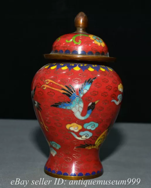 8" Old Chinese Bronze Dynasty Palace Cloisonne Enamel Crane Vase Jar Pot