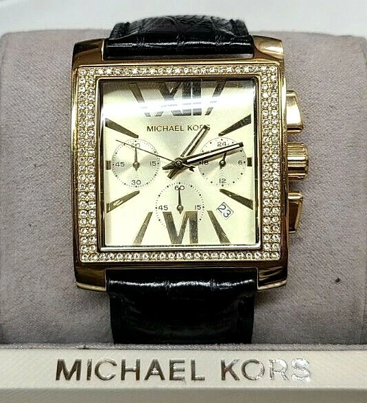Michael Kors Uptown Glam Oro Quadrante Nero Cinturino IN Pelle Orologio da Donna